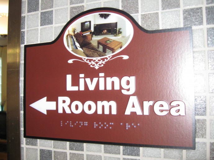 Completely designed by me, this sign was digitally printed, then braille applied and sealed to protect against fingerprints and the elements, and mounted on PVC. VERY durable.